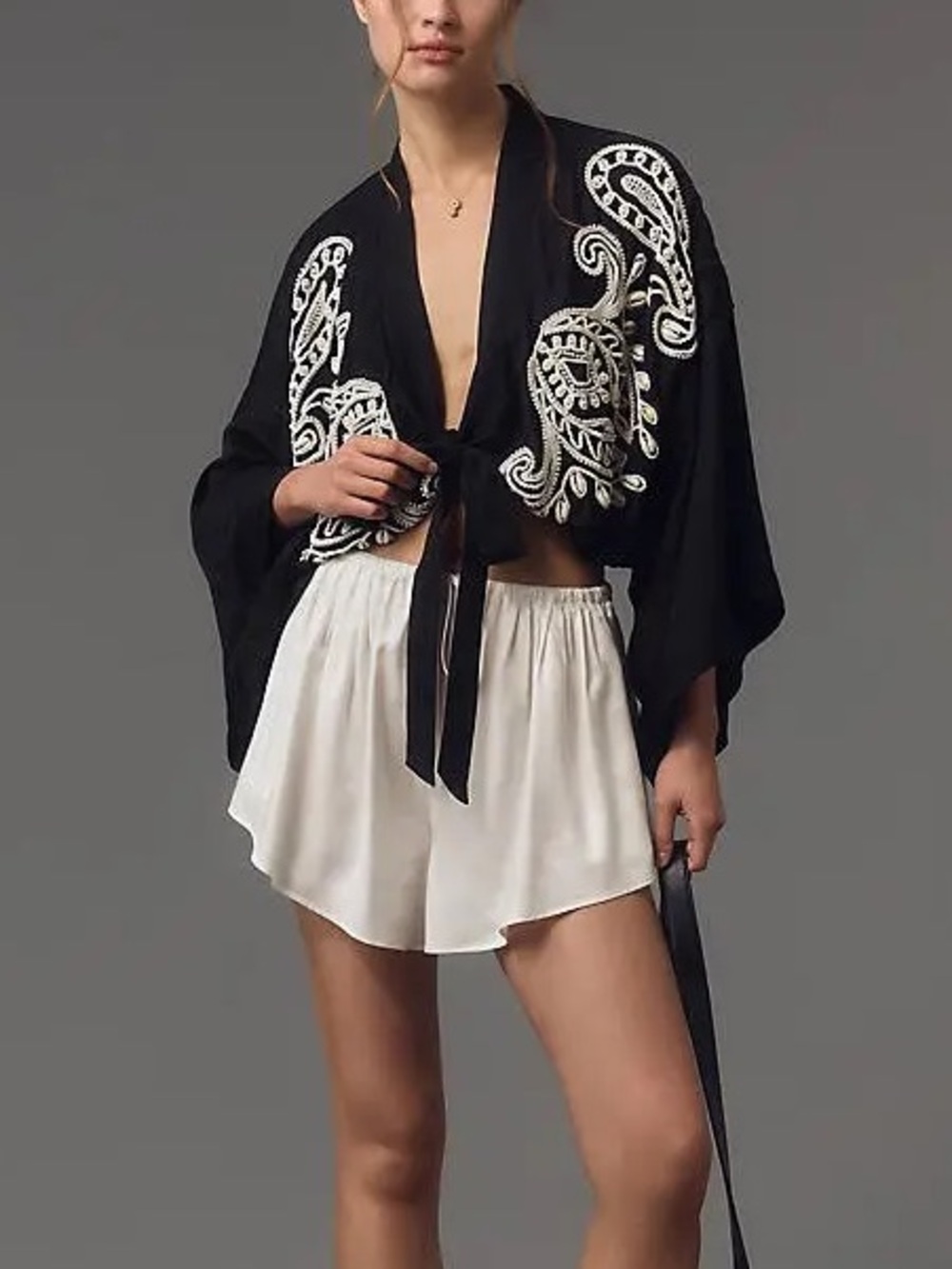 Anthropologie - RARE Black Embroidered and Shell Embellished Tie Front Top